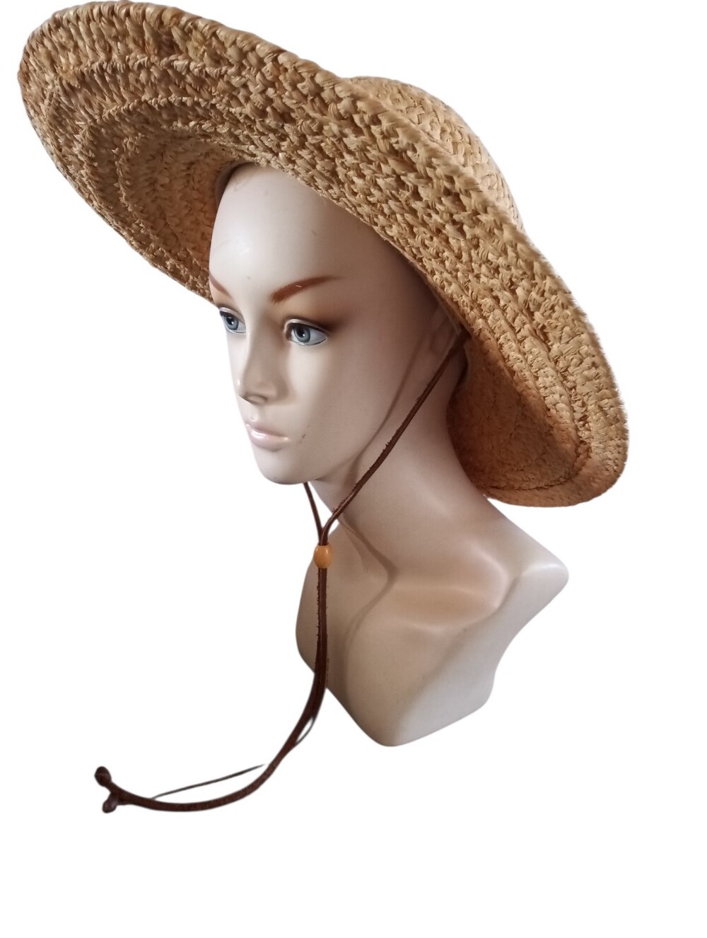 Scala Collection Natural Raffia Straw Hat Wide Brim Brown Leather Chin Strap